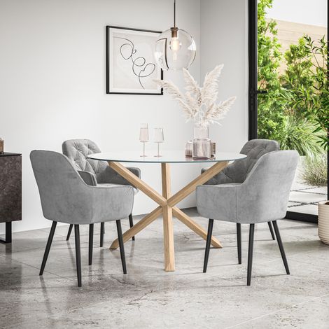 Malvern Round Dining Table And Chairs - Clear Glass Table Top w Solid Oak Legs + Anika Velvet Dining Chair Set Of 4 (Grey) (1/5)