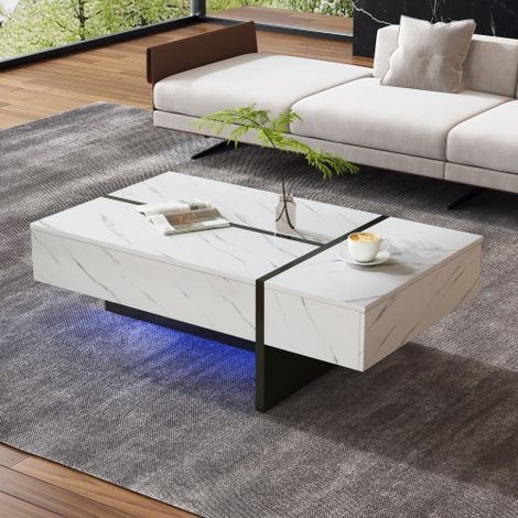 Table basse 105 x 60 x 35 cm, avec éclairage LED, aspect marbre, blanche (1/5)