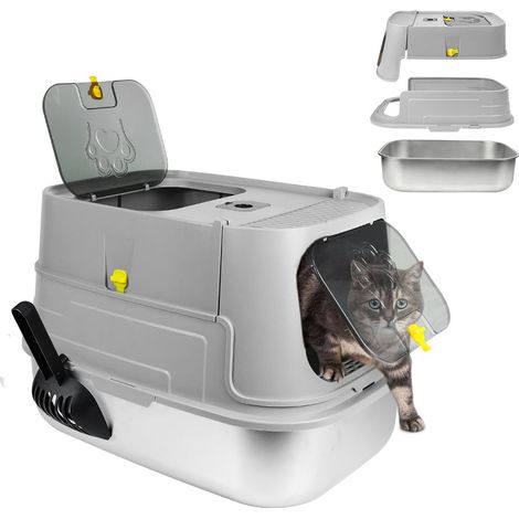Bac Litiere pour Chat Grande XL, Litière en Acier Inoxydable avec Couvercle, Maison de Toilette,Bac Litiere pour Chat, Cat Litter Box, Pelle+Tapis+Marchepied,60X40X43cm,Facile à Nettoyer (1/5)
