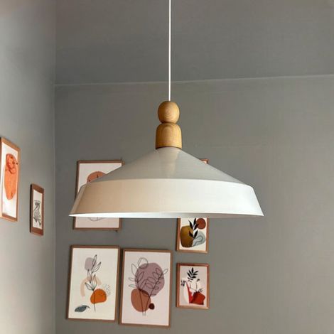 Lema Lustre Simple Blanc Avec Tête Epaisse en Bois Perlé, Lampe Suspendue Pour Restaurant, Café et Salon (1/5)
