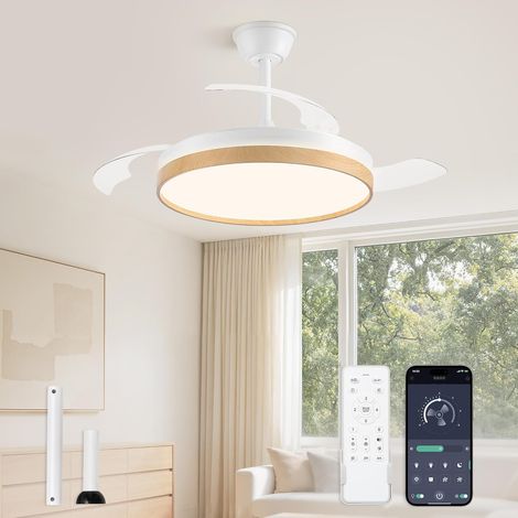 Ceiling Fan with Light 107 cm, Techo Fan Lamp with Retractable Blades, Silent DC Motor, 30006000K, 6 Speed, Remote Control + APP, 2 Hanging Rods, Wood (1/5)