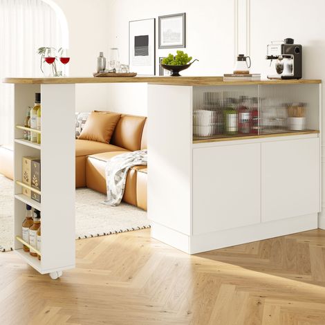 360° swivelling high table (main body 90 x 45 x 100 cm), white multifunctional swivelling sideboard with storage compartment, sliding glass door, suitable for kitchen/dining room