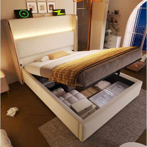 CHICFURN lit simple hydraulique tête de lit haute LED rangement beige 90 x 200 cm (1/5)