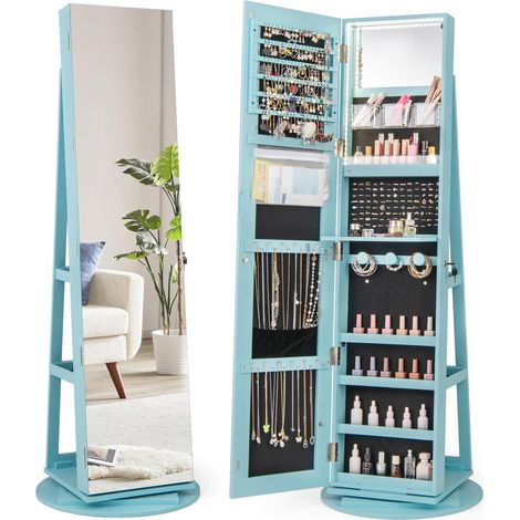 Organiser Vos Bijoux : Armoire Miroir Psyché 3 en 1 Bleu, Éclairage LED 3 Couleurs et Serrure avec 2 Clés (1/5)
