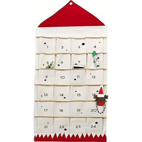 Calendrier de l'Avent de Noël à 24 poches avec poches - Sac de cadeau de rangement mural, tissu en lin, style traditionnel, pas besoin d'électricité, (1/5)