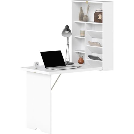 Bureau pliable mural, table murale pliante avec étagères pour salon, salle à manger, bureau, 93,8 x 60 x 147 cm, blanc (1/5)