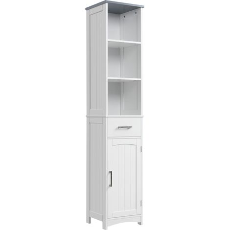 Mobile Bagno Salvaspazio, Armadietto Bagno con Scaffale a 3 Livelli, 1 Cassetto e 1 Mobiletto, in MDF Verniciato, 34x30x163cm, Bianco e Grigio