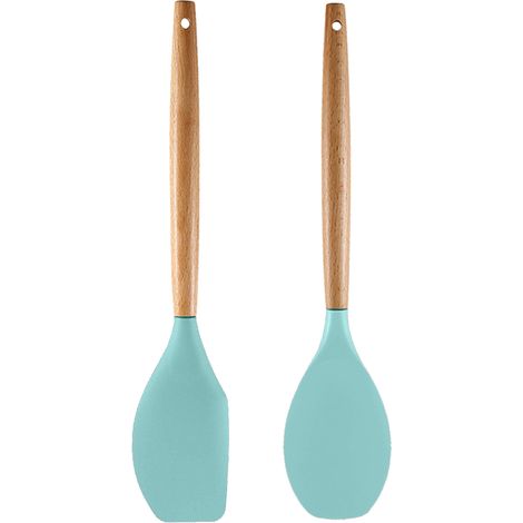 Ensemble de 2 ustensiles de cuisine en silicone avec manche en bois, résistants à la chaleur et antiadhésifs. (1/5)