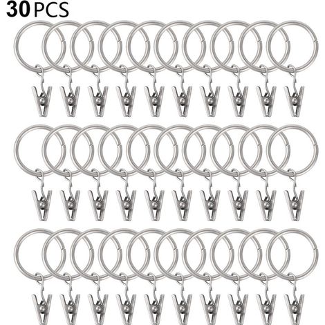 30 Stück Gardinenringe mit Clips, stabile Gardinenclips, Haken für Spannstangenhalterung, Metallösen mit Innendurchmesser, dekorative Gardinenaufhänger, silberfarben