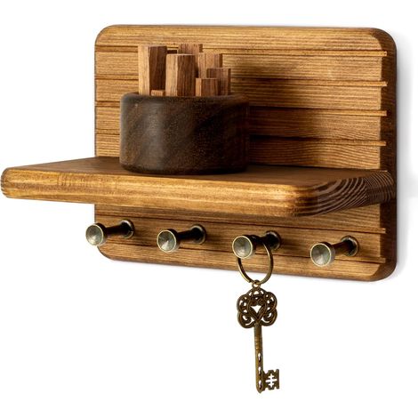 7 pollici - Montaggio a parete - Mini mensola galleggiante - 4 ganci robusti - Portachiavi in legno di pino marrone chiaro - Stile moderno country house - 7 pollici (1/3)