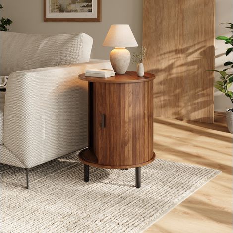 Mesa auxiliar redonda con puerta corredera y almacenaje 48 x 48 x 65 cm nogal OKMYHOME (1/5)
