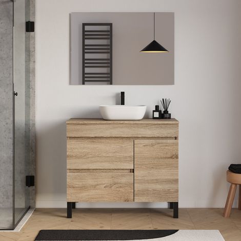 Meuble de salle de bain 90cm avec plateau et vasque à poser arrondie - porte et tiroirs - cambrian (chêne clair) - LAZARO (1/5)