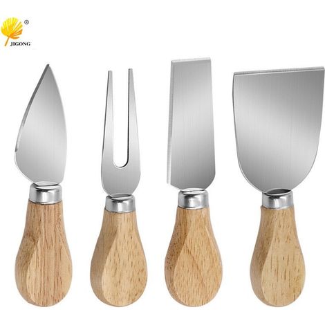 Ensemble de 4 couteaux à fromage en acier inoxydable : couteau à fromage à manche en chêne, couteau à beurre, couteau à pizza, fourchette à fruits. (1/5)