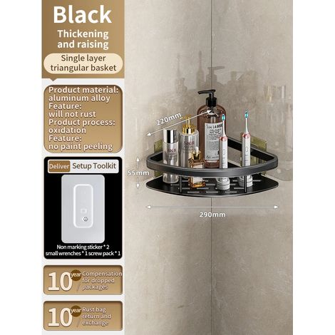 (Triangle noir) Étagère de rangement pour salle de bain, étagère d'angle murale sans perçage, support pour étagère de douche (1/5)