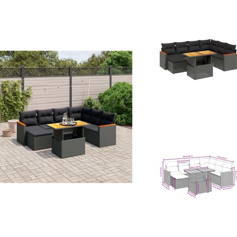 Salon de jardin 8 pcs avec coussins noir résine tressée - Ensemble Salon De Jardin - Meuble Extérieur - Résine Tressée - Rotin Synthétique - Table Extensible (1/3)