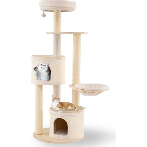 GOPLUS Arbre a Chat en Bois 152 CM avec 2 Niches à Housse Amovible, Arbre à Chat avec Poteaux en Sisal, 6 Plateformes, Balle Suspendue, Hamac et Coussin en Peluche Lavable, Antidérapant, Beige (1/5)