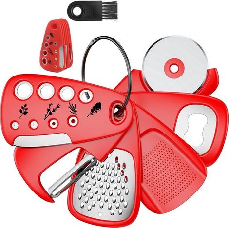 Set di 6 utensili da cucina unici, salvaspazio, compatti, portatili, senza BPA, grattugia per formaggio, apribottiglie, pelapatate, per cucinare (1/5)