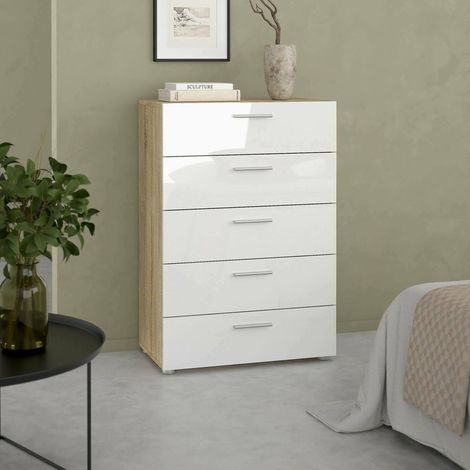 Dmora Kommode mit fünf Schubladen, Eiche und Weiß glänzend, 70 x 102 x 40,25 cm (1/5)
