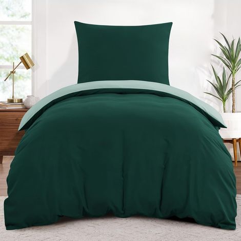 Housse de Couette 140x200 Réversible avec 1 Taie d'oreiller 65x65 cm (Vert Foncé/Vert) - Parure de Lit 140 x 200 Adulte 1 Personne Microfibre, Parure Couette avec Fermetures éclair (1/5)