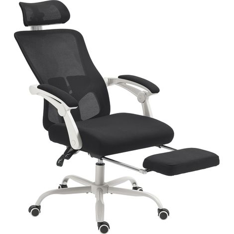 Fauteuil de bureau inclinable à 135° avec repose-pieds, soutien lombaire, appui-tête, hauteur réglable, tissu mesh, noir (1/5)