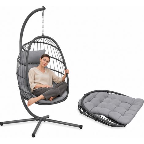 Poltrona Sospesa Da Giardino Richiudibile Con Cuscini Imbottiti  In Acciaio Zincato E Effetto Rattan -  Portata 160kg (1/5)