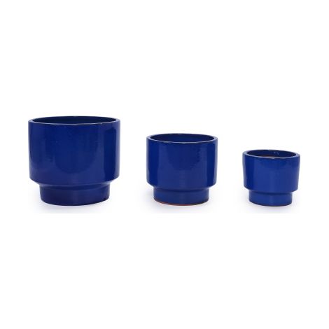 Lot De Pots De Fleurs En Céramique, Set De 3 Cache-Pots Ronds Bleus Émaillés, Ø 38,1/30,5/22,9 cm, Intérieur Extérieur