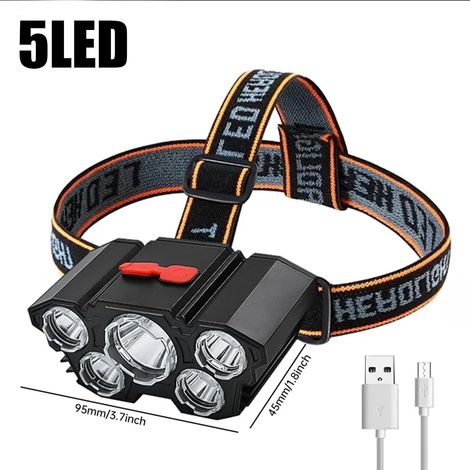 (5 LED - 1 pièce) Lampe torche LED puissante à cinq têtes, étanche, rechargeable USB, ultra-lumineuse, à fixer sur la tête, idéale pour la pêche en extérieur. (1/5)