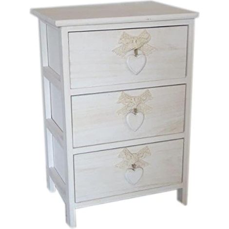 King Home Cassettiera In Legno Di Paulownia 40x29x58h cm 3 Cass. C/Cuore White Washed