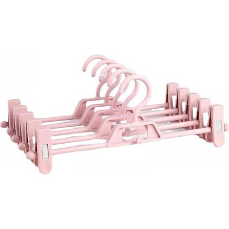 Set mit 10 pinkfarbenen Hosenbügeln, platzsparend, mit rutschfesten Clips, perfekt für Kinder und Erwachsene. (1/5)