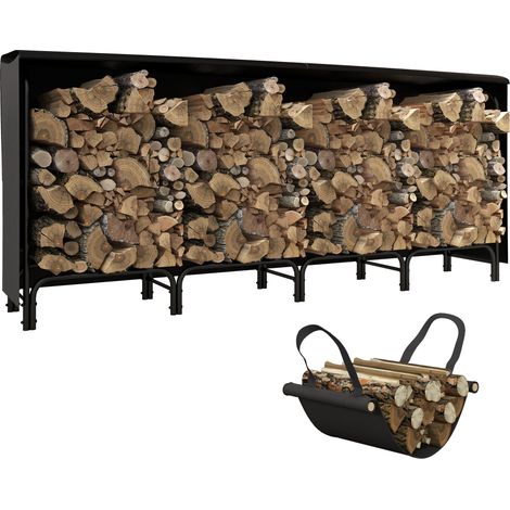Abri bûches, range-bûches, avec sac de transport en toile, housse en Oxford 600D, 240l x 36P x 99H cm, métal, noir (1/5)
