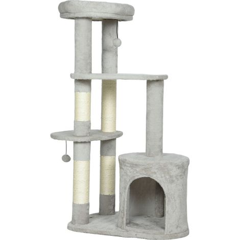 Arbre à chat 114 cm avec grotte, poteaux en sisal, plateforme, plusieurs étages, pour chats de taille moyenne de moins de 6 kg, gris clair (1/5)