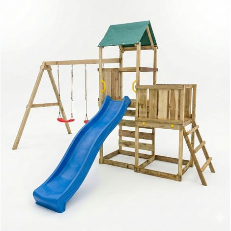 Parco giochi in legno Maxplay 3.1 con torre, scivolo blu, doppia altalena e sabbiera (1/5)