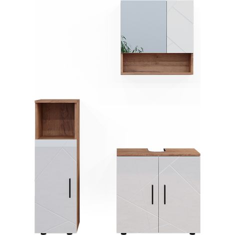 Set di mobili da bagno Irma, Bianco lucido/oro power oak, 3 parti, Vicco