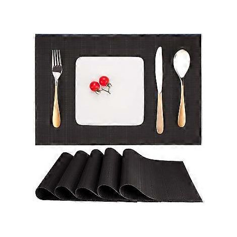 Platzsets, 6er-Set, waschbar, hitzebeständig, rutschfest, aus gewebtem PVC-Vinyl, für Küchentisch, 30 x 45 cm (Schwarz)