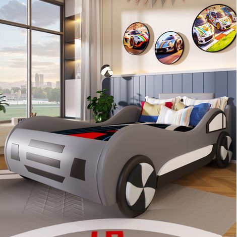 Cama infantil coche 90 x 200 cm con somier y almacenaje hidráulico, gris OKMYHOME (1/5)