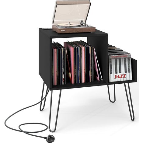 COSTWAY Support Tourne-Disque avec Prise, Meuble Tourne-Disque Vinyle pour 145 Albums, Station de Charge, 2 Ports USB, 4 Pieds Amovibles, 3 Séparateurs, Étagère sur Table (Noir) (1/5)