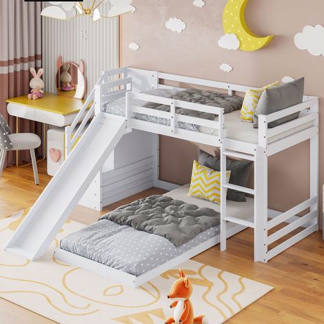 Strutture letto a castello 90x200cm, con scale, scivolo, rete a doghe, protezione anticaduta, struttura in legno massello, letto per ragazzi in stile contemporaneo, bianco (1/5)
