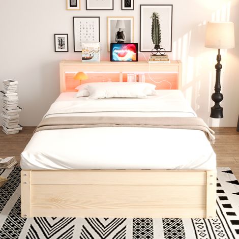 Cama individual multifunción 90x200 cm moderna, madera/MDF color madera, con cabecero con almacenaje, LED y arcón hidráulico (1/5)