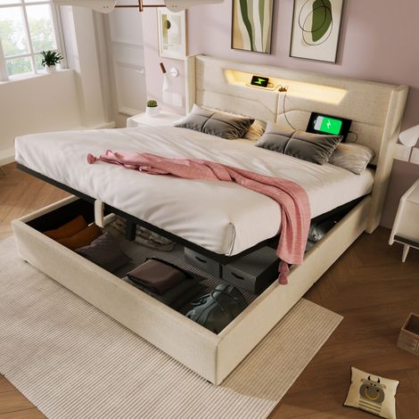 Bett Doppelbett Stauraum 140x200 mit Bettbank Beige OKMYHOME