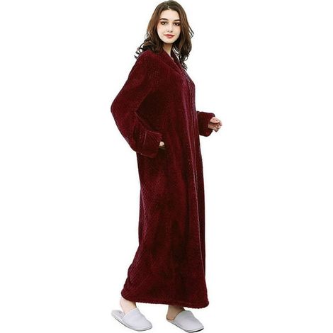 Peignoir Femme en Flanelle, Fermeture Éclair Longue, Robe de Bain Longue en Polaire avec Poches, Taille M-XL (1/4)