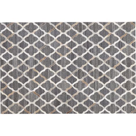 Alfombra de piel de vacuno jacquard gris y beige patrón geométrico cuadriculado retro 140 x 200 cm Rolunay