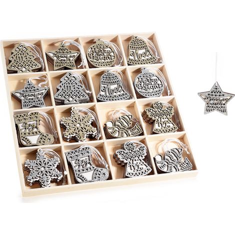 Decori, addobbi natalizi in legno da appendere con glitter metallizzati oro e argento in espositore da 48 pezzi, Calza: cm 5 x 5,5 H