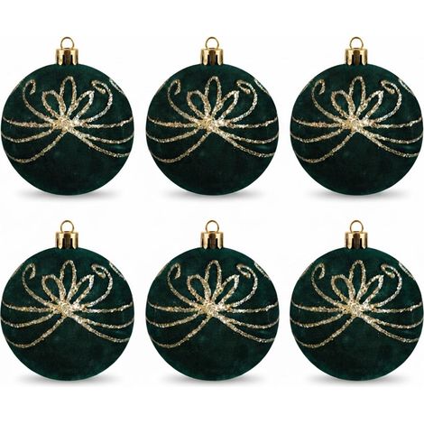 6 Palline per Albero di Natale 8 cm Velluto VERDE SCURO ANTICO con Decorazioni oro Palla sfera natalizia addobbi verdi ghirlande Eleganti e particolari arredo casa e locali commerciali (1/5)