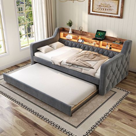 Canapé-lit 90x190 cm en velours gris avec rangement, led, usb-c, 12 lattes et cadre métal-bois (1/5)