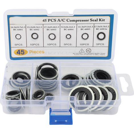 Ortviai Joint d’étanchéité pour compresseur de climatisation automobile – 45 pièces, 6 tailles universelles, caoutchouc + acier inoxydable