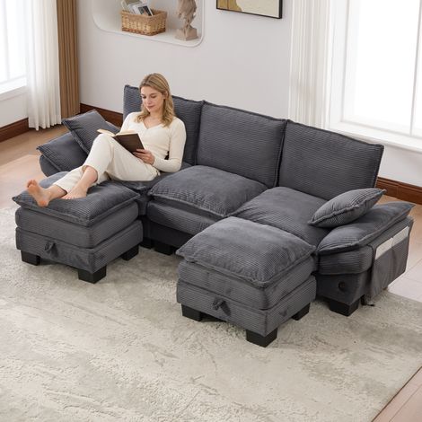Canapé modulaire 3 places avec 2 tabourets en velours côtelé,siège large,mousse haute densité,port USB-C et poches latérales,gris foncé. (1/5)