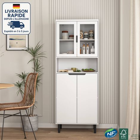 Bibliothèque haute, buffet, meuble de rangement avec 4 portes en verre trempé, étagères réglables, MDF, 80x35x180 cm - Blanc (1/5)