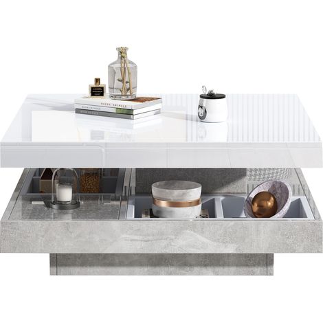 Table basse fonctionnelle avec plateau rotatif à 360°, double plateau pivotant avec rangement, finition blanche effet marbre (1/5)