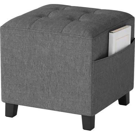 Small Square Footstool Ottoman with Side Pocket,Linen Fabric Footrest with Rubber Wood Legs,Ideal for Living Room Bedroom Entryway,Grey 35cm