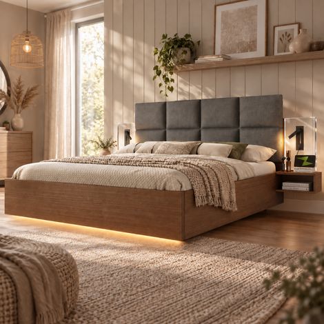 Lit double 160 x 200 cm, tête de lit en lin, chevets suspendus, liseuse tactile, USB-C, LED via application, sommier à lattes, gris (1/5)